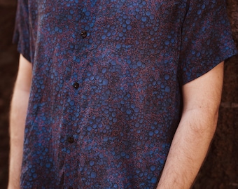 Blue Molecule Print Shirt: Men's Bamboo Cotton Psytrance Rave Wear