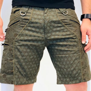 Pythagoras FOL Men&#39;s NY Shorts Khaki Green Zip Pockets Short Pant Men Above Knee Short Geometric Pattern Print Mens Cotton Cargo Shorts