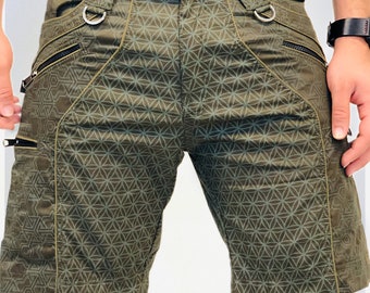 Pythagoras FOF Men's NY Shorts Khaki Green Zip Pockets Short Pant Men Above Knee Short Geometric Pattern Print Mens Cotton Cargo Shorts