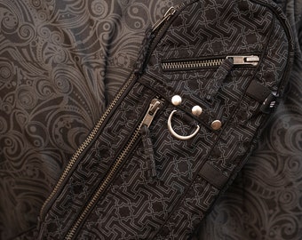Aztec Crossbody Bag: Gothic Black Cotton Canvas Sling Bag with Studs