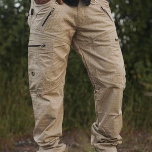 Adventure-Ready Beige Cargo Pants for Men - Customizable Multipocketed Utility Trousers