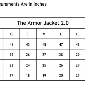 May include: A size chart for "The Armor Jacket 2.0" with measurements in inches. The chart includes sizes XS to XXL, with chest measurements ranging from 104 to 130 cm, and lengths from 63 to 76 cm.