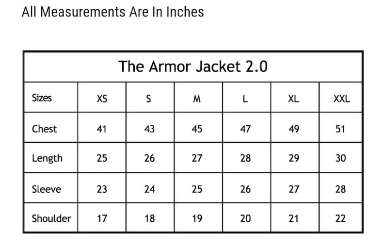 May include: A size chart for "The Armor Jacket 2.0" with measurements in inches. The chart includes sizes XS to XXL, with chest measurements ranging from 104 to 130 cm, and lengths from 63 to 76 cm.