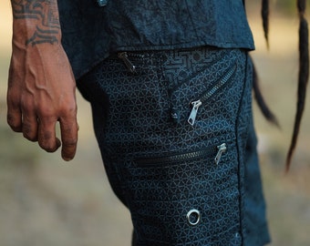 Shri Yantra Print Cotton Cargo Shorts: Multi-Pocket Utility Above the knee length shorts