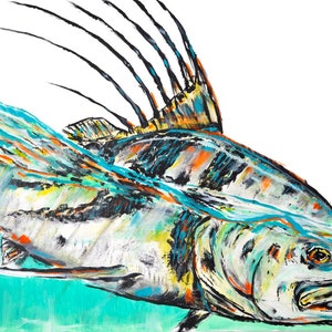 May include: A colorful painting of a fish with a large dorsal fin, swimming through turquoise water. The fish is painted in shades of gray, white, orange, and yellow. The water is painted in shades of turquoise, blue, and green.