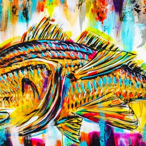 May include: Abstract painting of a redfish with a colorful background. The fish is painted in shades of yellow, orange, and blue, with black outlines. The background is a mix of bright colors, including red, green, blue, and purple.