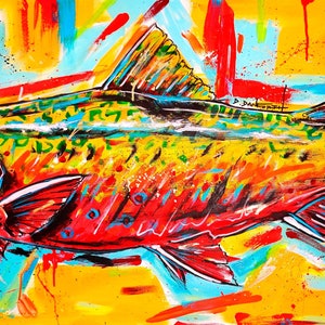 May include: A colorful abstract painting of a trout fish with a bright red, yellow, and blue background. The fish is painted in a stylized manner with bold lines and splashes of color.