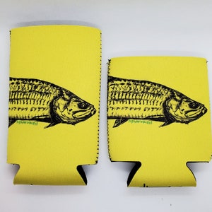 May include: Two yellow neoprene can coolers with a black and white illustration of a fish. The fish is labeled "Bonefish".