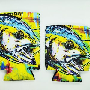 May include: Two yellow, blue, and white neoprene can coolers with a colorful abstract background and a close-up image of a fish's head.