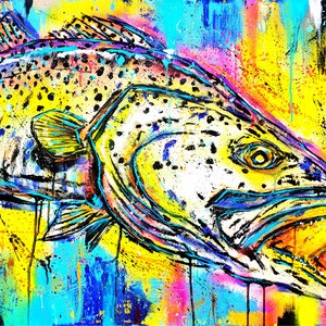 May include: A colorful abstract painting of a fish with a large open mouth. The fish is painted in shades of yellow, blue, pink, and white. The background is a mix of yellow, blue, and pink.