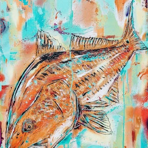 May include: Abstract painting of a redfish with orange, yellow, blue, and white paint splatters. The fish is outlined in black and has a detailed texture.