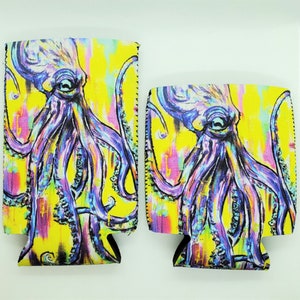 May include: Two colorful neoprene can coolers featuring a purple octopus with yellow, pink, and blue accents on a yellow background.