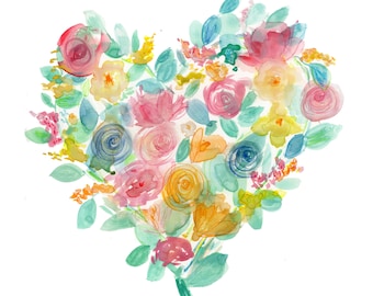 Digital print, Nursery wall art, watercolor heart, flower heart, nursery heart, girl nursery art, watercolor flowers, wall art, heart art