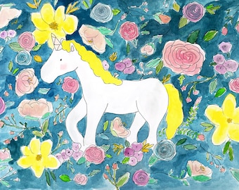 Arte de parede de unicórnio, arte de berçário, unicórnio aquarela, impressão de unicórnio, decoração de unicórnio, unicórnio, arte de berçário de meninas, arte de berçário digital, unicórnio