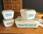 Vintage Pyrex Amish Butterprint refrigerator dishes Complete set Turquoise and White Pyrex 501 - 503
