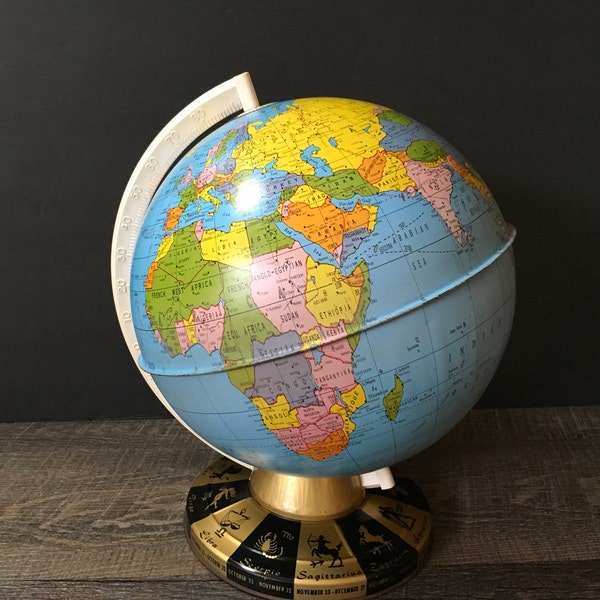 Ohio Art 9 inch Tin litho World Globe with  Zodiac Base Blue Ocean Terrestrial Globe