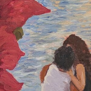 May include: An oil painting showing two figures embracing near water. The figures are in warm tones, with one wearing a white top. The water is painted in shades of blue and white, and a large red shape is in the foreground.