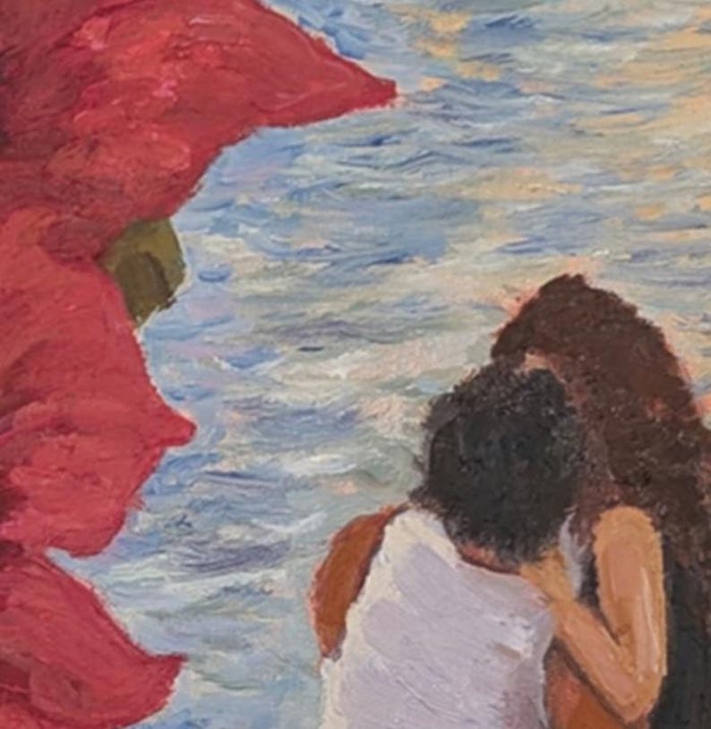 May include: An oil painting showing two figures embracing near water. The figures are in warm tones, with one wearing a white top. The water is painted in shades of blue and white, and a large red shape is in the foreground.