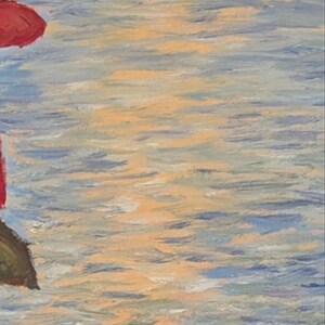 May include: An impressionistic painting of a seascape with a red object on the left. The water is painted in shades of blue, grey, and yellow, with brushstrokes suggesting movement and light. The sky is a blend of yellow and blue.