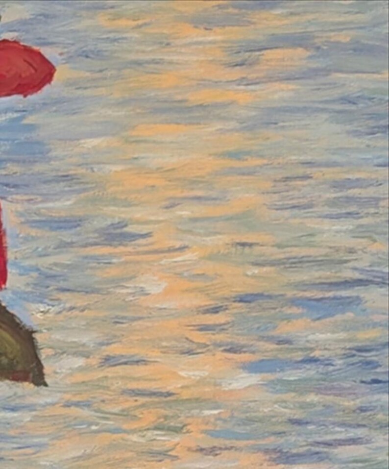 May include: An impressionistic painting of a seascape with a red object on the left. The water is painted in shades of blue, grey, and yellow, with brushstrokes suggesting movement and light. The sky is a blend of yellow and blue.