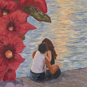 May include: An oil painting shows a couple embracing by water, with large red flowers in the foreground. The water reflects the sunset's colours. The couple is seated on a stone surface, with the woman's long hair flowing. The painting evokes a romantic and serene atmosphere.
