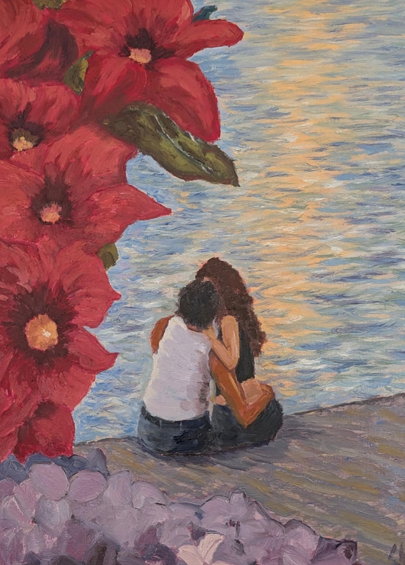 May include: An oil painting shows a couple embracing by water, with large red flowers in the foreground. The water reflects the sunset's colours. The couple is seated on a stone surface, with the woman's long hair flowing. The painting evokes a romantic and serene atmosphere.