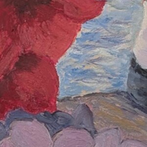 May include: An abstract oil painting showing a large red flower with textured brushstrokes. The background includes blue and white water, with purple and grey rocks in the foreground. The artwork has a vibrant, impressionistic style.