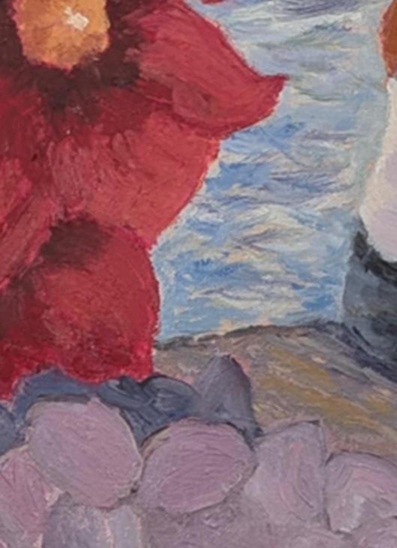 May include: An abstract oil painting showing a large red flower with textured brushstrokes. The background includes blue and white water, with purple and grey rocks in the foreground. The artwork has a vibrant, impressionistic style.