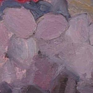 May include: Close-up of an abstract painting with visible brushstrokes. The artwork features a palette of soft purples, lavenders, and hints of red and blue. The texture suggests an oil or acrylic medium, creating a sense of depth and movement.