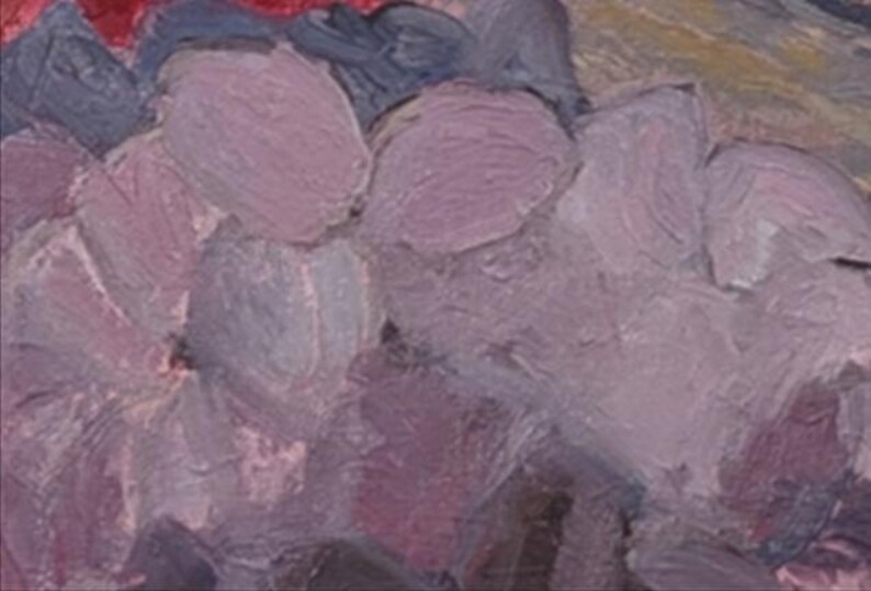 May include: Close-up of an abstract painting with visible brushstrokes. The artwork features a palette of soft purples, lavenders, and hints of red and blue. The texture suggests an oil or acrylic medium, creating a sense of depth and movement.