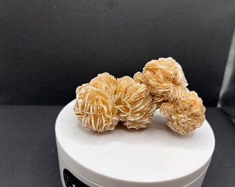 Peut inclure: Un groupe de cristaux de rose des sables, une formation naturelle de gypse. Les cristaux ont une couleur beige chaud et une structure en couches, semblable à des pétales. L'échantillon est présenté sur une surface blanche sur fond noir.