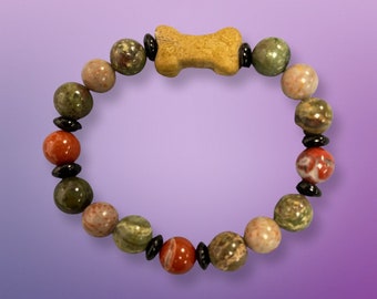 Pulseira de ágata e quartzo transparente, pulseira de osso de cachorro, pulseira de charme de osso, pulseira de novidade, presente de mãe de cachorro psíquico, animal de estimação psíquico