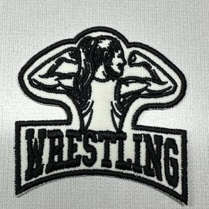 I WRESTLE FEMALE レターマンジャケット、バックパック、スポーツバッグ、ギア用の小さな白黒アイロンパッチ