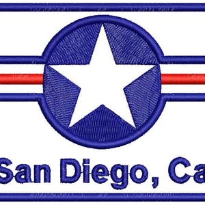 May include: Blue and white embroidered patch with a red stripe and a white star in a blue circle. The text "San Diego, Ca" is below the circle.