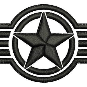 May include: Black and white embroidered patch with a five-pointed star in a circle and three horizontal stripes.