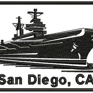 May include: Black and white silhouette of an aircraft carrier with the text "San Diego, CA" below it.