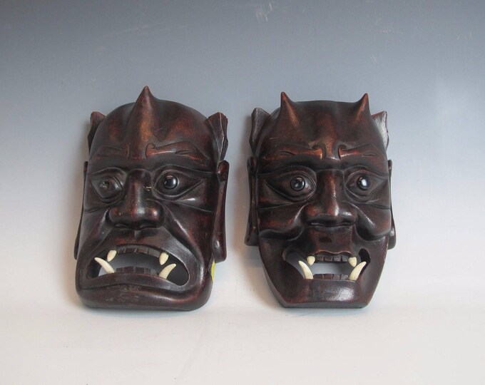 A Chinese Devil Mask Black With Horns Hard Wood Set of 2 Dark Etsy