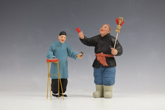 Two Chinese Colorful Clay Zhang Pottery Performing Figures Etsy