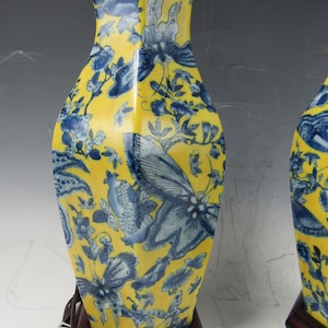 A Chinese Yellow Porcelain Vase Blue Butterfly wood Based table Lamp
