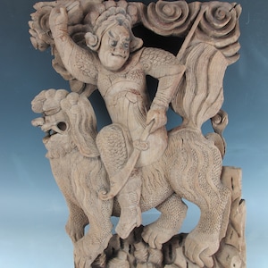 A Chinese Antique Wood Immortal and Foo Dog/Lion Carving Wall Decoration Pattern
