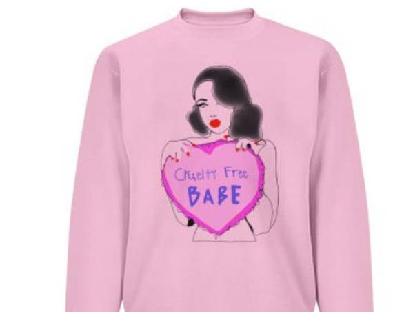 Cruelty Free Babe, oversized sweater, pink pullover, pin up girl sweater, vegan, vegan sweater, cruelty free sweater