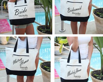 Bridal Party Bags with Name Bag: Heavy Canvas Zippered  Tote Bag, Bridal Shower Gift, Bachelorette Party, Engagement, Carryall, Tote Bag,