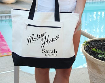 Bridal Party Bags with Name Bag, Bride Tote Bag, Heavy Canvas Zippered Tote Bag, Bridal Shower Gift, Bachelorette Party, Engagement,