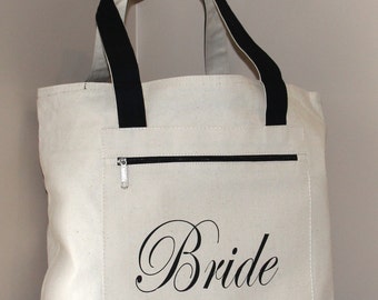 Bride Bag: Heavy Canvas Zippered  Tote Bag, Bridal Shower Gift, Bachelorette Party, Engagement, Carryall, Tote Bag