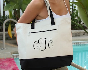 Bride Tote Bag, Vacation Bag, Heavy tote bag, zippered main compartment, Heavy canvas,Monogram tote, Personalized Monogram Bag, tote bags,