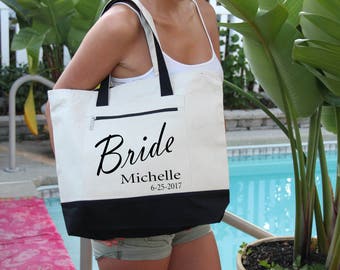 Bridal Party Bags with Name Bag: Heavy Canvas Zippered  Tote Bag, Bridal Shower Gift, Bachelorette Party, Engagement, Carryall, Tote Bag,