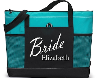 9 Bride Bag:Heavy tote bag with Name, zippered main compartment, Heavy canvas, Bridal Shower Gift, Bachelorette Party, Engagement, Carryall,