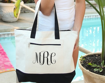 Bride Bag, Monogram Bag, Heavy tote bag, zippered main compartment, Heavy canvas, Carryall, Monogram tote, Personalized Monogram Bag,