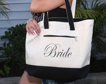 Bride Tote Bag: Heavy Canvas Zippered  Tote Bag, Bridal Shower Gift, Bachelorette Party, Engagement, Carryall, Tote Bag