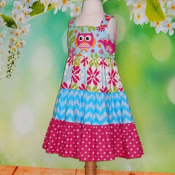 Toddler sundress, owl dress, toddler twirl dress, twirly sundress, tiered dress, summer dress, ready to ship, beach dress, boho dress, owl